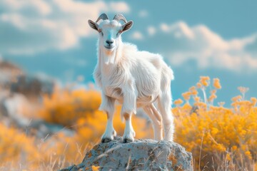 Obraz premium A Snowy Goat Perches on a Rock in a Field of Sunlit Flowers
