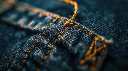 Close-up of blue denim jeans with intricate yellow stitching details, highlighting fine...
