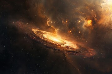 Fototapeta premium Glowing orange and yellow spiral galaxy with bright center and dark surroundings