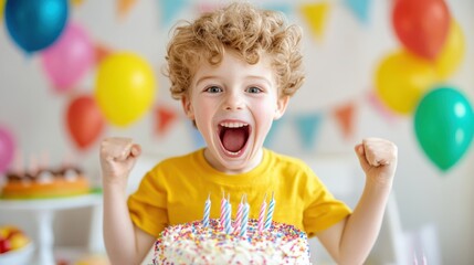 A joyful boy with curly hair celebrates his birthday, cheering with excitement next to a decorated cake