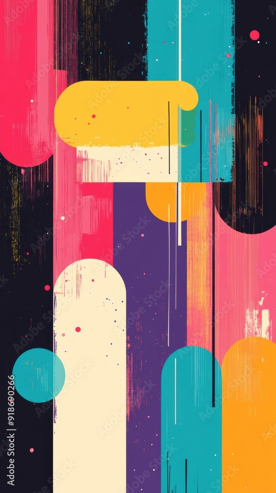 Poster colorful shapes and lines create a vibrant abstract composition with a mix of geometric forms and te