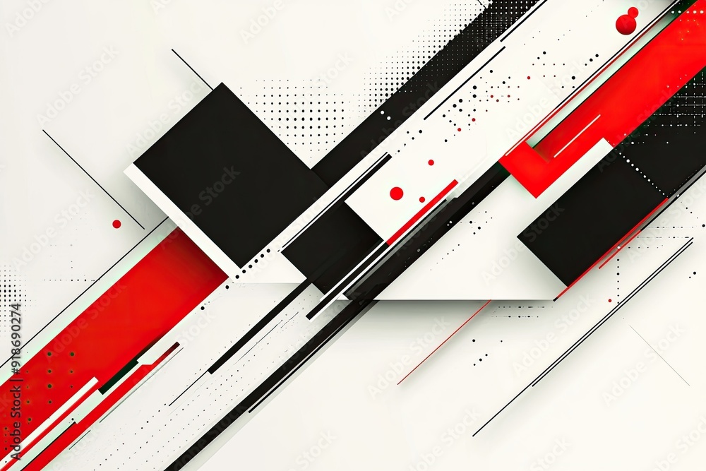 Poster a black and red striped background with white lines. the background is a collage of different shapes
