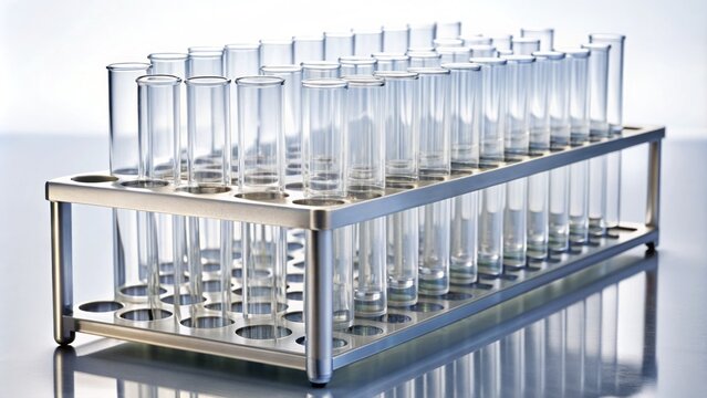  Rows of transparent plastic laboratory tubes with white caps standing upright in a metal rack on a clean white background, ready for scientific research.