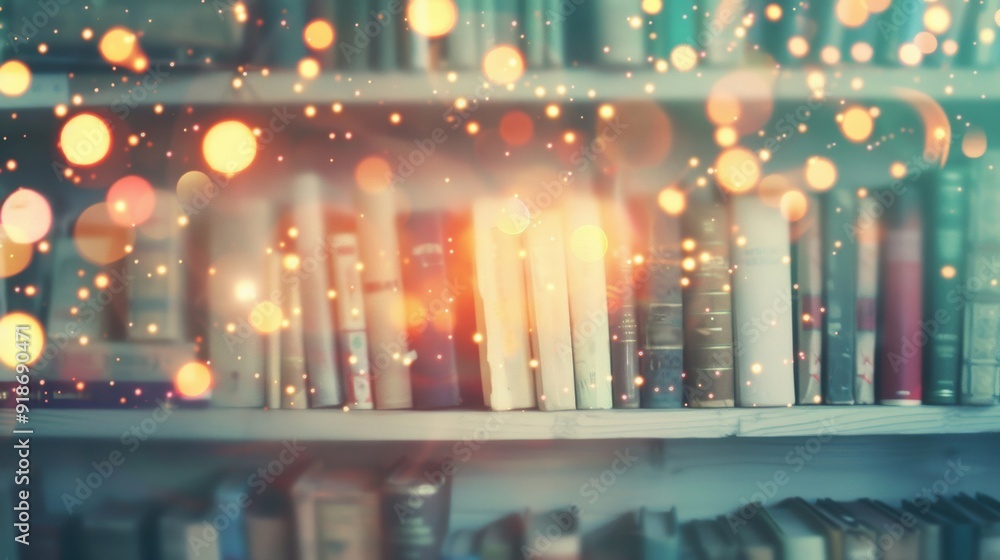 Poster soft lights twinkle around the bookshelves, creating a warm, inviting atmosphere in the library