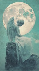 Obraz premium An ethereal angel rests on a rocky ledge, surrounded by moonlit clouds and a large, radiant moon