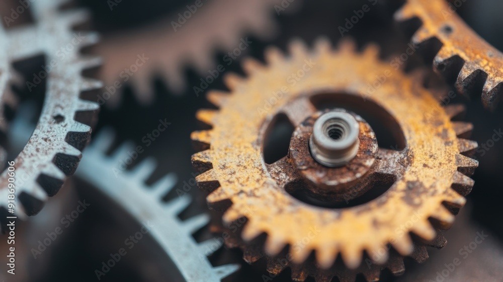 Poster close view of interlocking metal gears displaying detailed textures and design elements at a workben