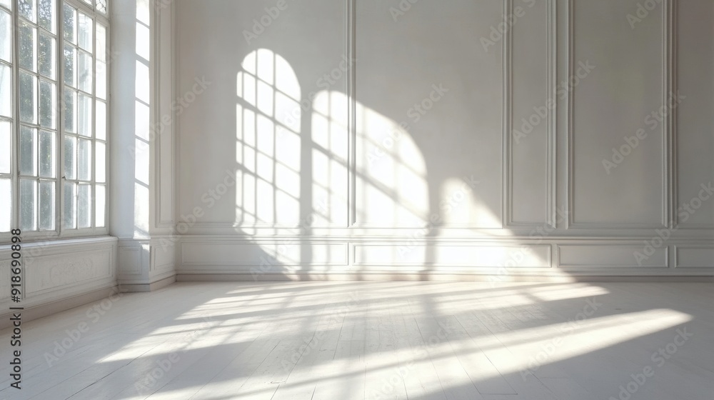 Poster sunlight streams through large windows, creating elegant shadows in a bright, empty room