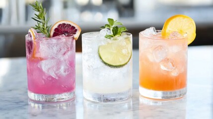 Three vibrant cocktails with unique garnishes are arranged on a marble table at a lively outdoor setting