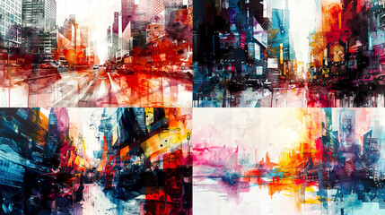 Abstract cityscape with layered watercolor runs, evoking the complexity and vibrancy of urban landscapes