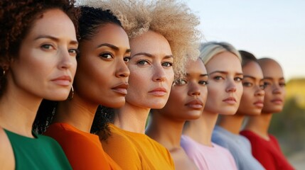 Obraz premium Women of varied backgrounds come together, celebrating their unique beauty in a natural setting