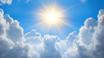 Bright sunlight filters through fluffy clouds, illuminating the serene blue sky above