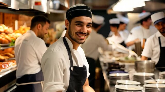 men working at bakery shop smiling at kitchen, People at work happy smiling friendly atmosphere, urban culture beautiful life, diversity and unity	
