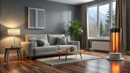 Cozy modern living room with sleek gray walls, dark hardwood floor, and warm glow of a space-saving electric floor heater on a chilly winter morning.