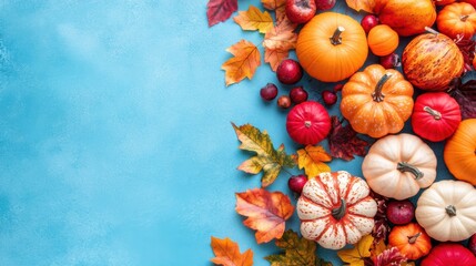 A vibrant arrangement of pumpkins and autumn leaves rests on a blue slate surface, celebrating the fall season
