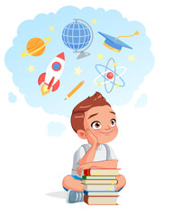 Little school boy dreaming of a career in science. Cartoon vector illustration.