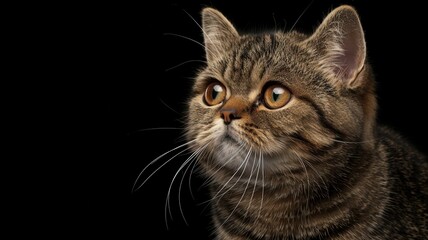 A portrait of a cat with its head slightly tilted, showcasing its whiskers and vivid eye color, isolated on a solid black background