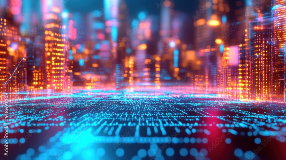 Poster a vibrant cityscape illuminated by glowing lights and intricate data patterns, representing a futuri