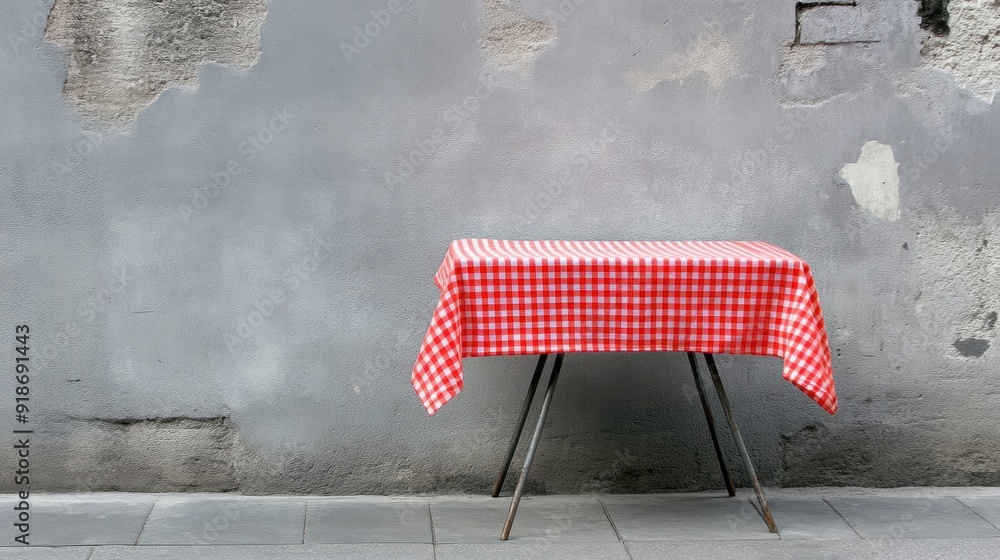 Poster an inviting empty table topped with a red checkered cloth waits in a rustic urban environment