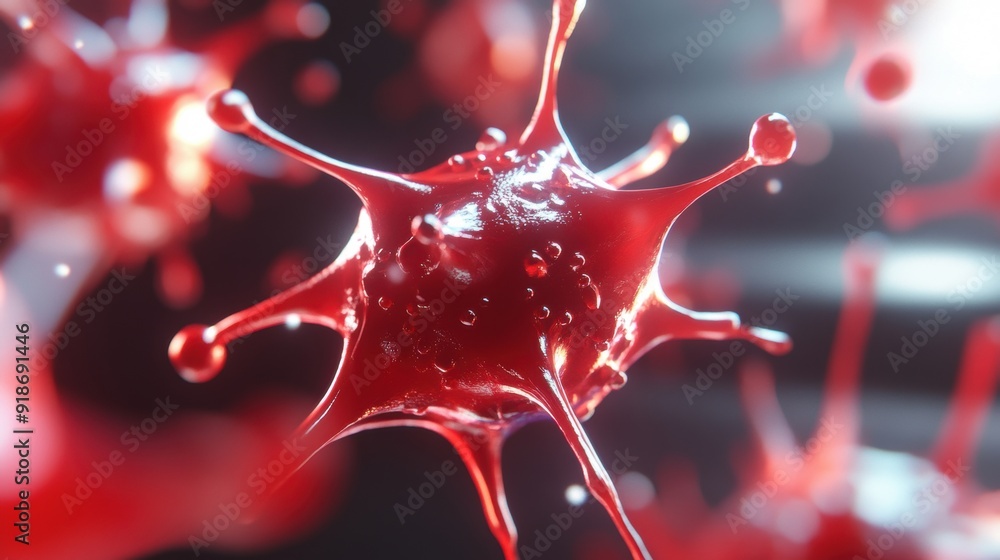 Poster a detailed examination showcases intricate structures of red virus cells in a laboratory setting