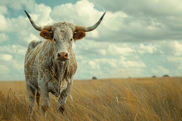 Lone Texas Longhorn Under a Cloudy Sky