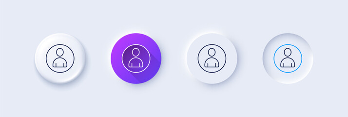 User line icon. Neumorphic, Purple gradient, 3d pin buttons. Profile Avatar sign. Person silhouette symbol. Line icons. Neumorphic buttons with outline signs. Vector