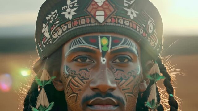A closeup of the Aztec warriors face reveals the intricate patterns painted with precision and the feathers proudly displayed representing the warriors bravery and strength.