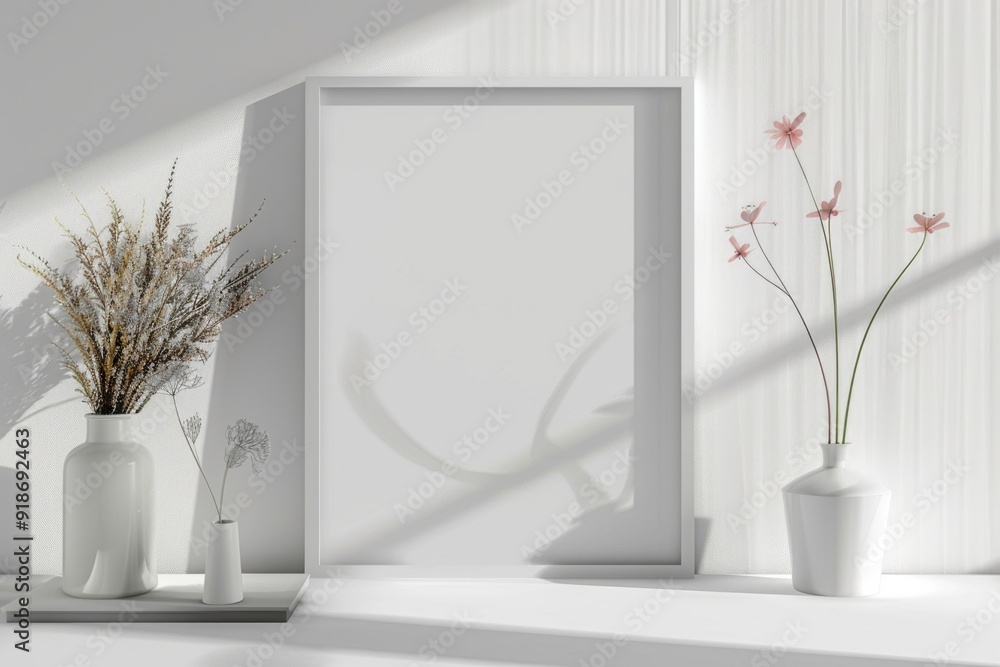 Poster decorative display with two vases and a picture frame on a shelf