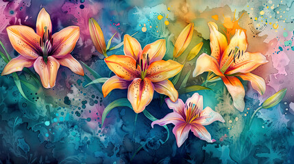 Bold watercolor washes of lilies, rich and vibrant hues, seamless blending, artistic backgrounds 