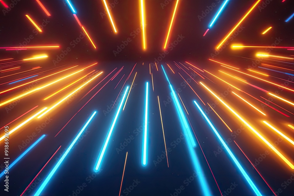 Poster a colorful, neon light display with a blue background. the lights are in a spiral pattern and are in