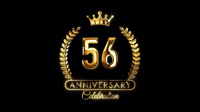 56th Anniversary Celebration. Happy 56 Years Anniversary Animation in Gold Color on the Transparent Background, Alpha Channel. Great for greetings, celebrations, events, and gifts.