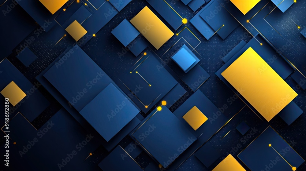 Poster a blue and yellow background with squares of different sizes. the squares are arranged in a way that