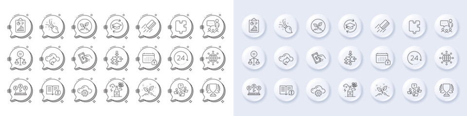 Alcohol addiction, Continuing education and Ethics line icons. White pin 3d buttons, chat bubbles icons. Pack of Calendar, Cloud computing, Teamwork question icon. Vector