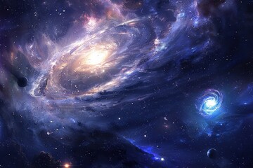 Obraz premium Glowing spiral galaxy with stars and planets in deep space.