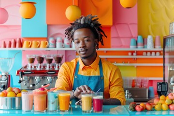 A Barista's Colorful Craft in a Vibrant Cafe