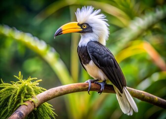 A majestic white-crested hornbill perches on a tree branch, its bright yellow bill and striking white crest contrasting against its sleek black plumage.