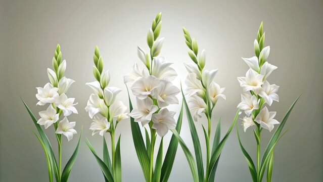 Delicate white Gladiolus flowers with slender stalks and sword-shaped leaves stand tall against a subtle gradient background in a crisp, minimalist outline illustration.