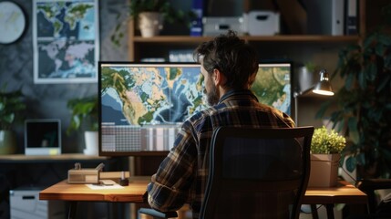 A man sits at a desk, focused on analyzing geographic data displayed on a computer monitor showing maps