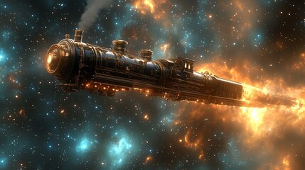 Obraz premium A stunning steam-powered space train navigating through a vibrant cosmic landscape filled with stars and nebulae.