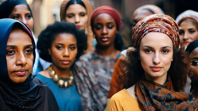 women different and diverse of people standing together at city street, multicultural culture
