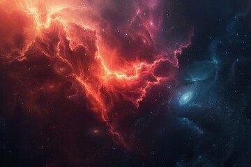 Glowing red and blue nebulae with bright stars in deep space