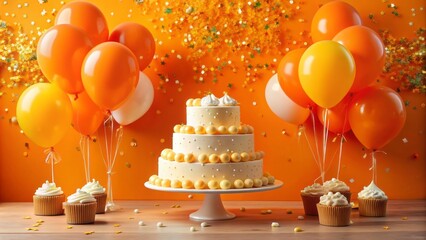 Vibrant orange balloons and confetti surround a delicious tiered cake with creamy white frosting, creating a festive and joyful birthday celebration atmosphere.