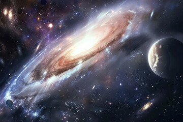 Obraz premium Spiral galaxy with a blue and green planet in the foreground