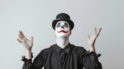 A man with white face paint and a red smile wearing a black top hat and black shirt with his hands raised.