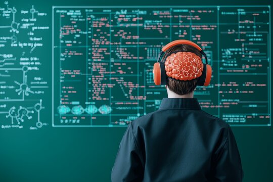 A person with headphones views complex coding and data analytics, symbolizing the fusion of technology and learning.