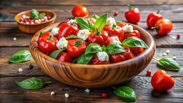 Vibrant red and green peppadew peppers sit heaped in a rustic wooden bowl, surrounded by fresh basil leaves and a sprinkle of crumbled feta cheese.