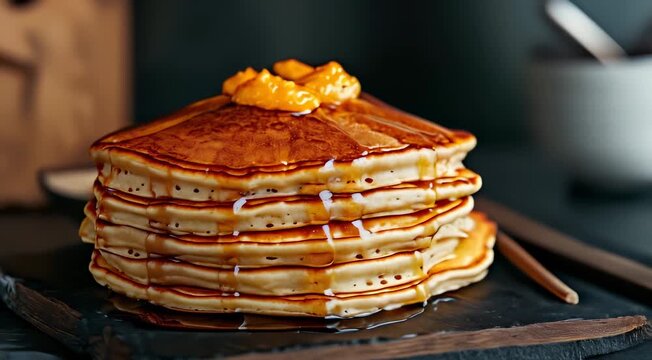 Traditional American food Pancakes. The image shows a stack of fluffy pancakes topped with a dollop of butter and drizzled with syrup.
