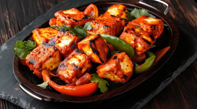 Traditional Indian food Paneer Tikka. Grilled marinated paneer chunks with bell peppers, garnished with coriander leaves.
