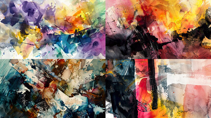 Chaotic yet harmonious composition of layered textures and bold strokes in watercolor, capturing the essence of abstract expressionist movement