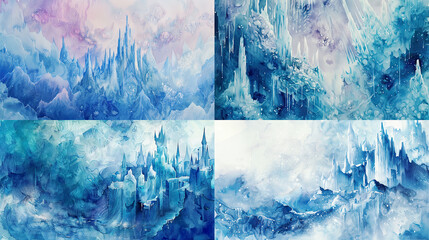 Crystalline texture in watercolor of fantastical ice castles, shimmering spires, and frozen enchantment 