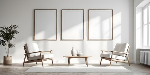 Empty large wall frame poster mockup, A modern living room with Scandinavian flair features two armchairs positioned against a pristine white wall adorned with a large framed poster.